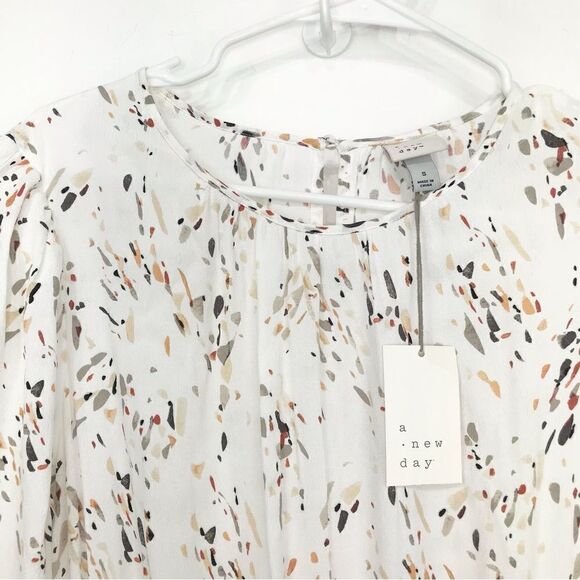 A New Day White Earth Tone Splatter Print Long Sleeve Ruffle Hem Dress NEW - Picture 5 of 16